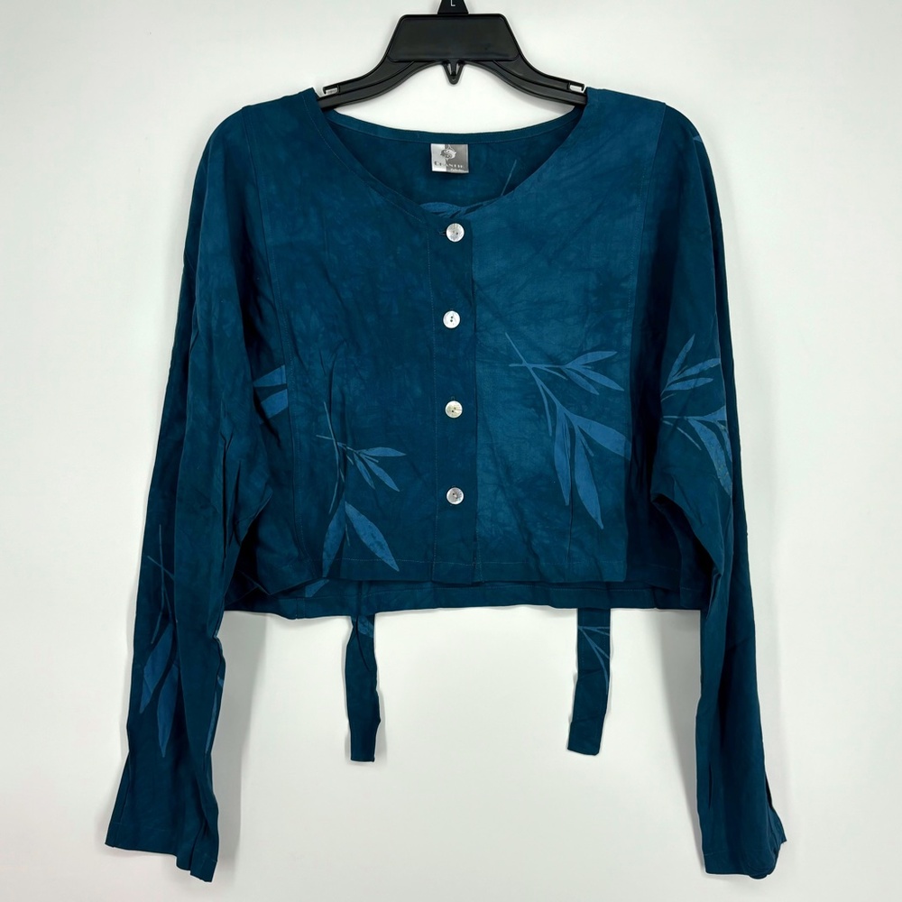 Chantik Collection Womens Large Button Front Crop Top Teal Blue Rayon Handmade